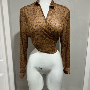 Timing Brown and Black Floral Wrap Blouse